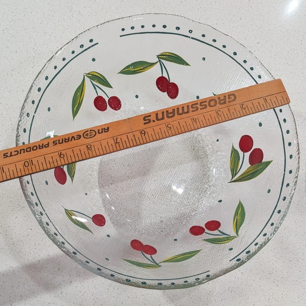Arcoroc Serving Bowl Textured Glass Hand Painted Cherry Motif 10.5